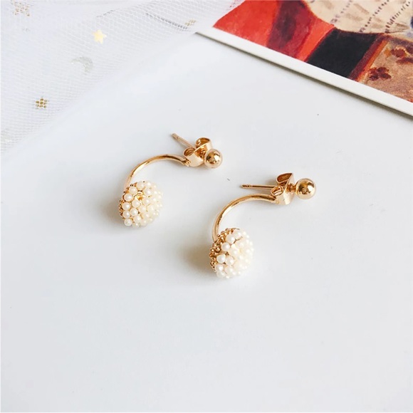 Geometric Pearl Earrings Temperament  Style Retro Earrings Golden  Beads Ball - Picture 4 of 5